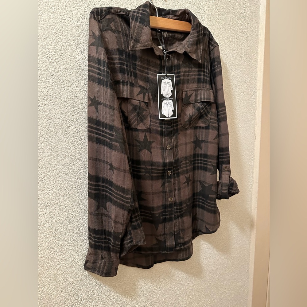 Charlie B NWT Women’s Brown Viscose Long Sleeve Plaid Shirt  Size PS